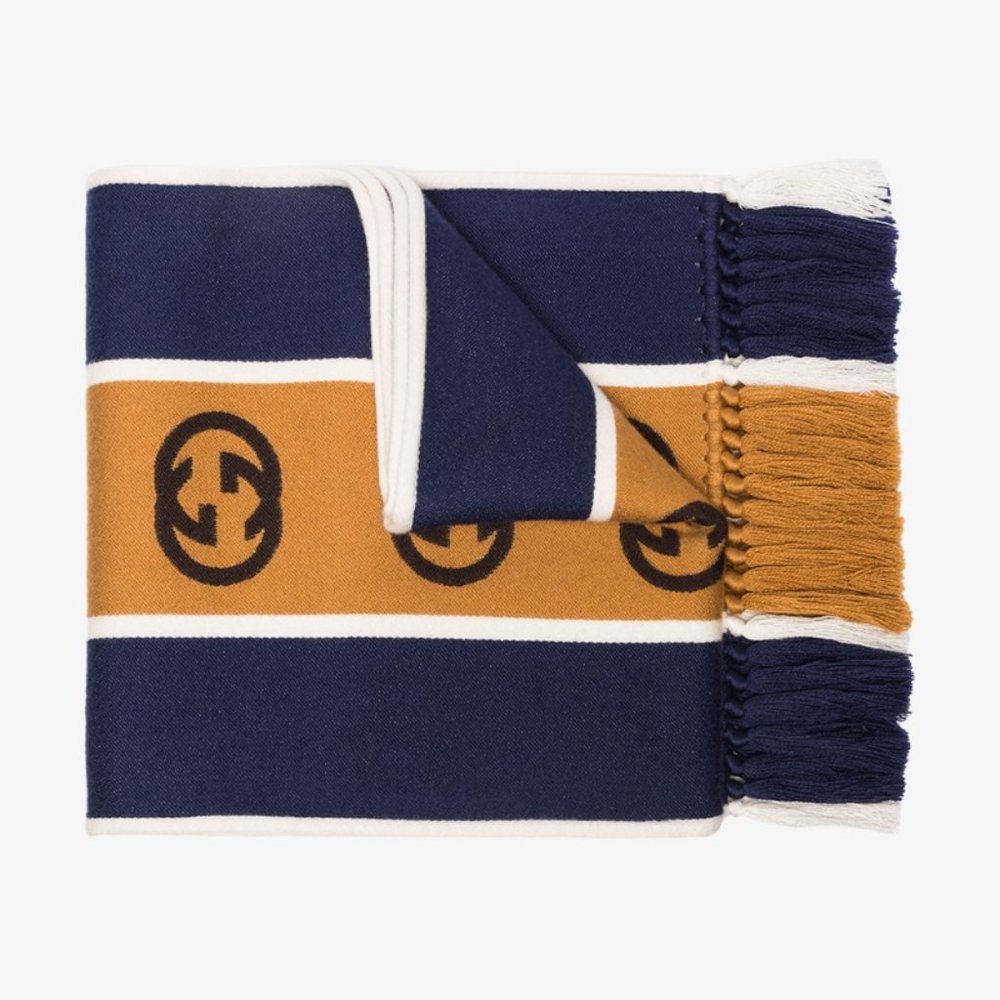 Gucci GG Stripe Scarf in Navy and Brown